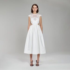 Self portrait WHITE COTTON GUIPURE BIB MIDI dress